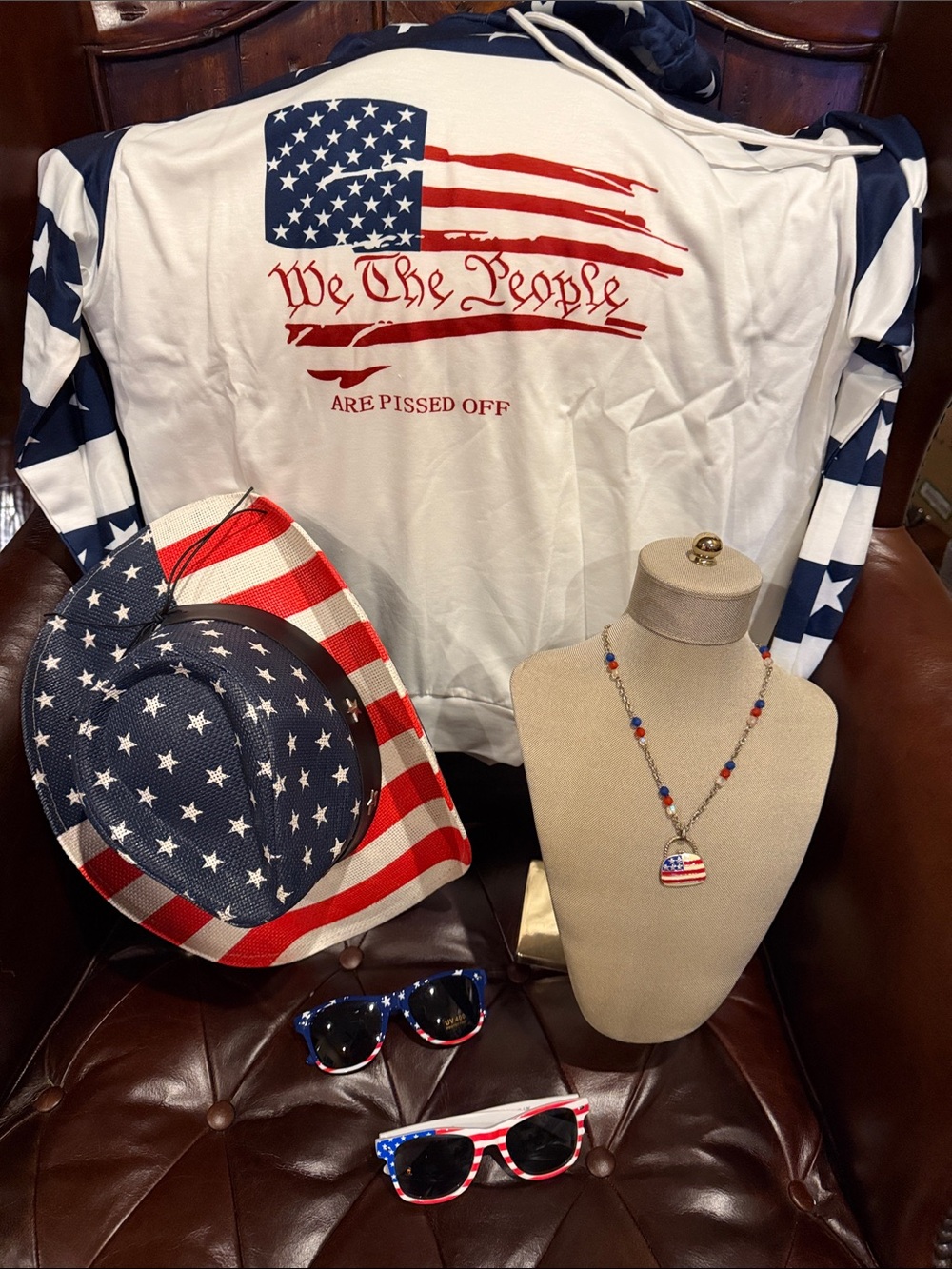 Patriotic American Flag Hoodie, cowboy hat, 2 shades, necklac- White, Red & Blue